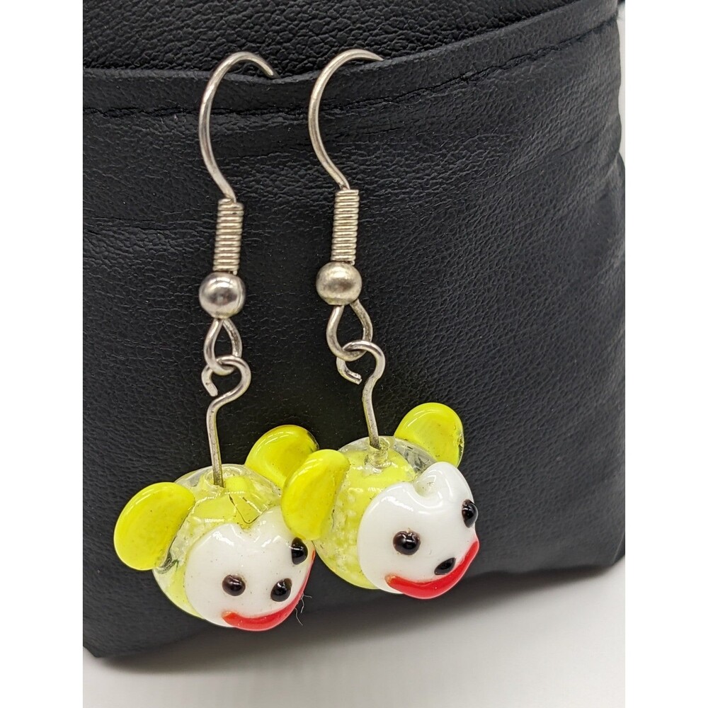 Funky Art Glass Beads Monkey Face Dangly Earrings - Yellow - Picture 2 of 4